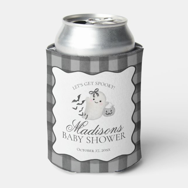 Porta-lata Black Gingham Little Boo Ghost Baby Shower Favors (Can Front)