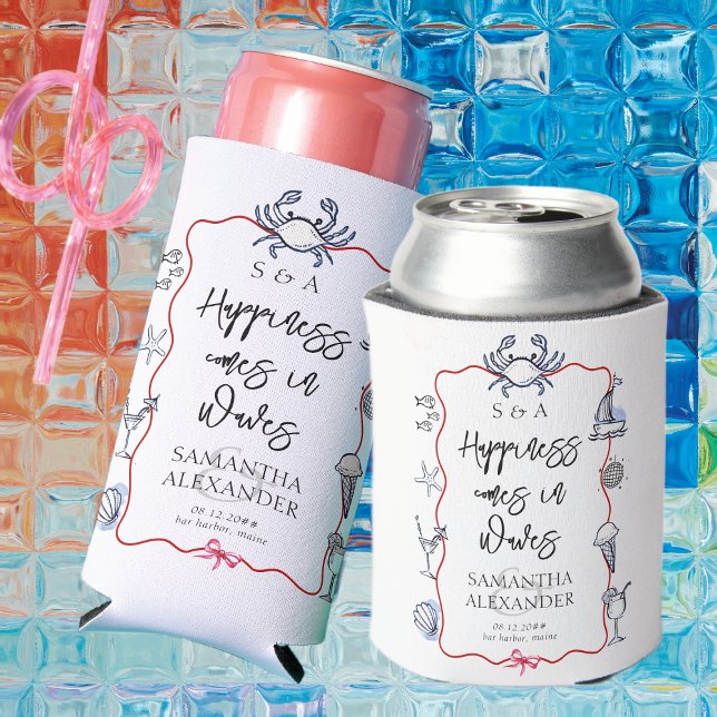 Porta-lata Blue Crab Seafood Doodle Beach Destination Wedding (Coastal Maine Beach Blue Crab Doodles Destination Wedding Favors Can Cooler Elegant Preppy Script)