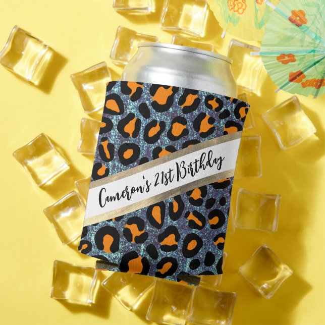 Porta-lata Blue Glitter Leopard Girly Cheetah Chic Birthday (Verão in situ)