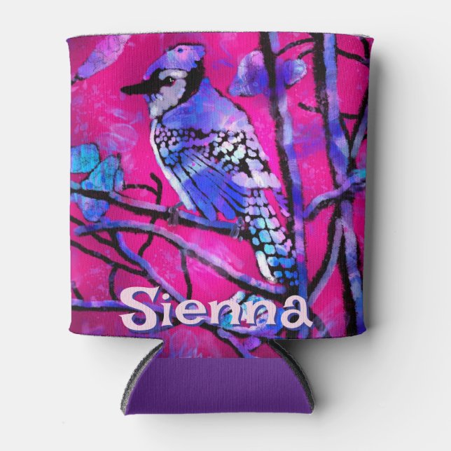 Porta-lata Blue Jay Bird Tree Branch Pink Personalized  (Frente)