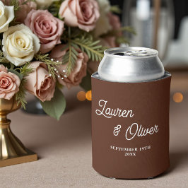 Porta-lata Boho Brown Script Minimalist Wedding