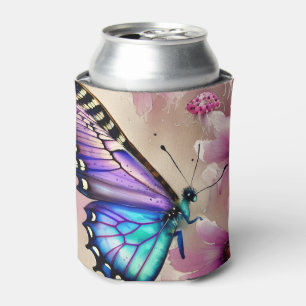 Porta-lata Borboleta Azul Estonteante e Flores Rosa