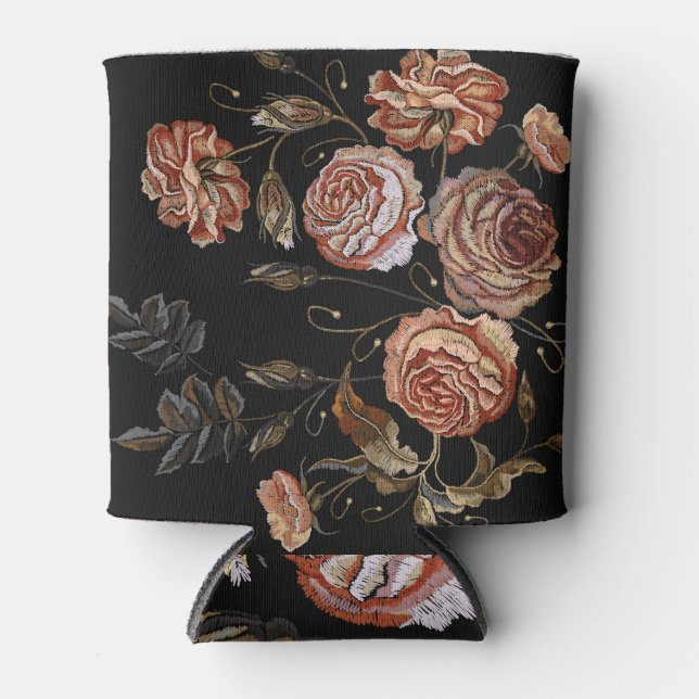 Porta-lata Bordado da safra: rosas a preto. (Frente)
