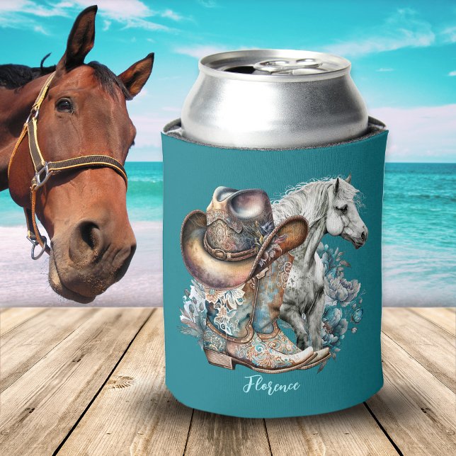 Porta-lata Botas de cowboy de cowboy de cowboy de cowboy que  (Personalized cowgirl can cooler, cowboy hat, cowboy boots, horse lover, turquoise floral design.)