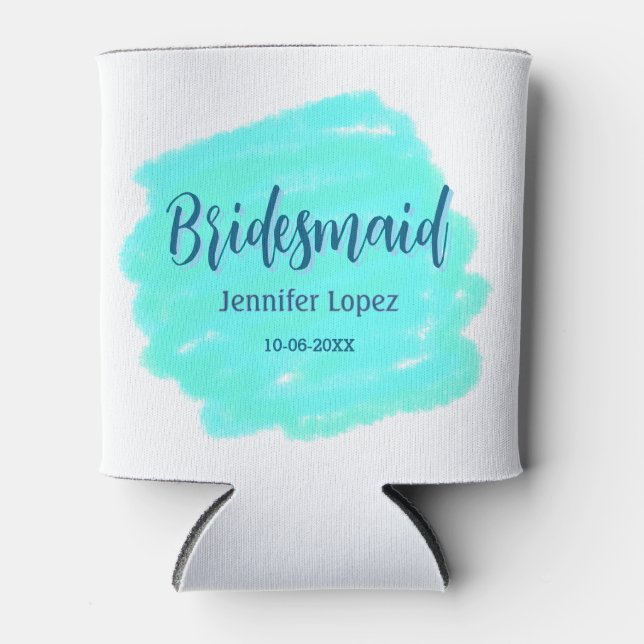 Porta-lata Bridesmaid azul verde aquarela adiciona nome data  (Frente)