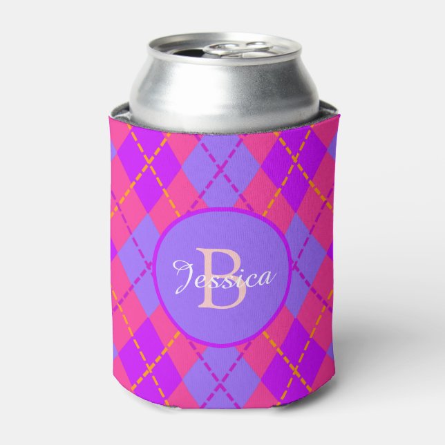 Porta-lata Bright Pink and Blue Argyle Pattern Monogram (Can Front)