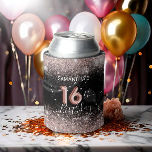 Porta-lata Brilhante rosa-chic e preto 16º aniversário