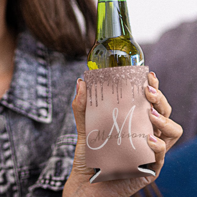 Porta-lata Brilho Rosa Tendência Monograma com Gotejamento (Criador carregado)