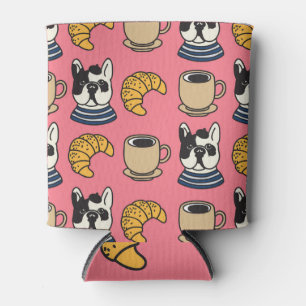 Porta-lata Buldogue francês, café, tema croissant.