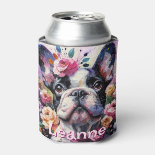 Porta-lata Bulldog Francês com Rosas Floral Personalizado