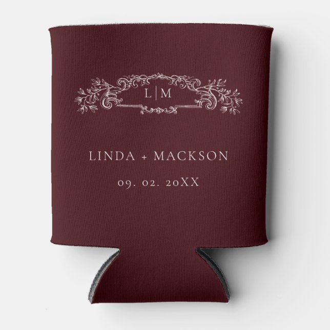 Porta-lata Burgundy botanical crest monogram wedding (Frente)