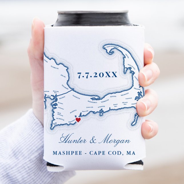 Porta-lata Cabo Cod Map Casamento Favorece Bebida Holder (Custom Cape Cod Wedding Can Coolers make great wedding favors or welcome bag gifts.)