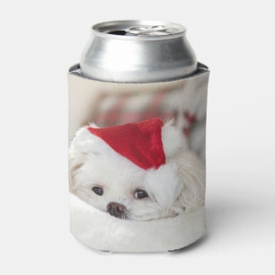 Porta-lata Cachorro Branco giro em chapéu vermelho de Natal
