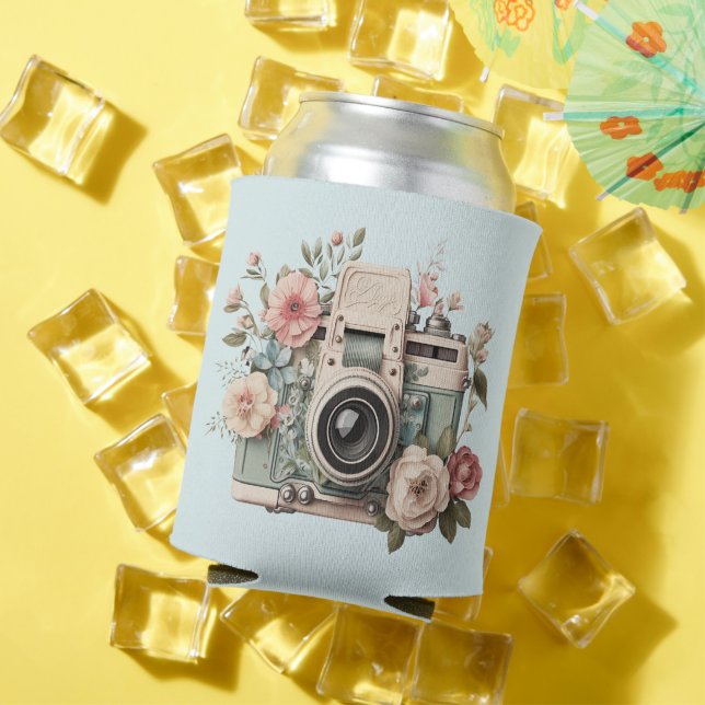 Porta-lata Câmera com Flores Pastel Retro (Verão in situ)