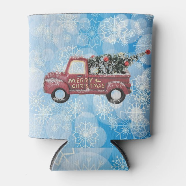 Porta-lata caminhão de colheita vermelho sobre fundo azul com (Frente)