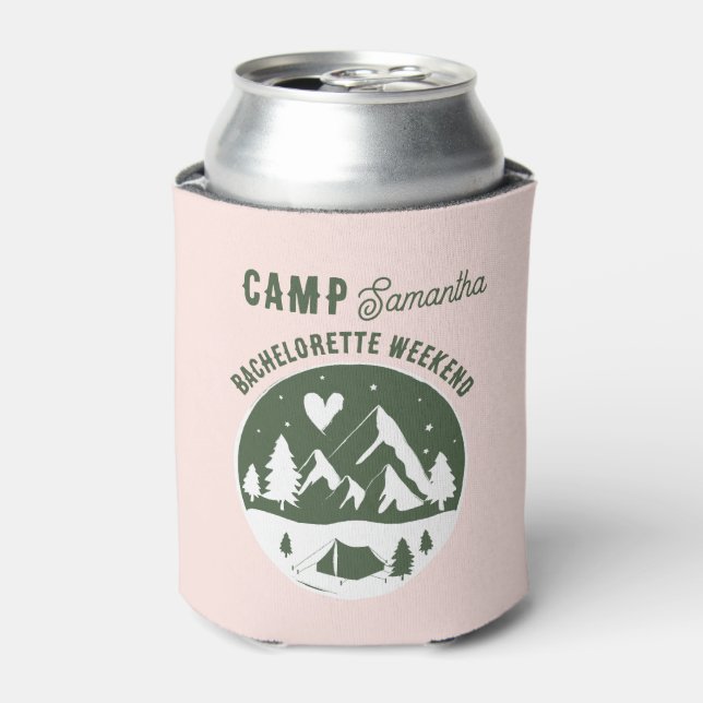 Porta-lata Camp Bachelorette Party Camping Bach Weekend Pink (Can Front)