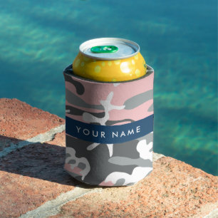 Porta-lata Camuflagem Rosa e Cinza Personalize seu nome