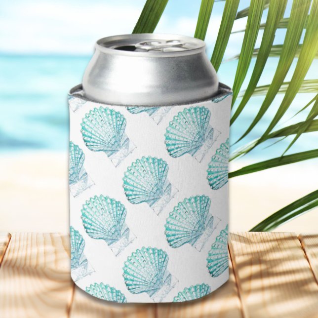 Porta-lata Cana-de-água azul-lacrimogéia da costa (coastal chic teal blue watercolor mermaid seashell can cooler)