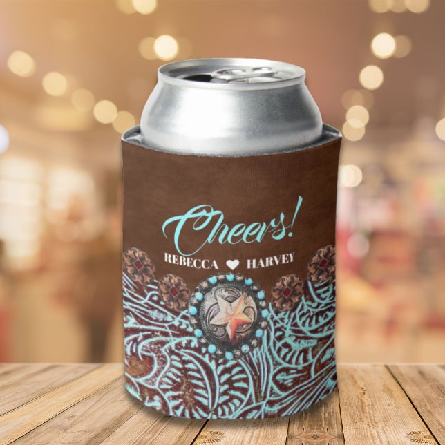 Porta-lata casal de vaqueiro marrom turquesa casamento ociden (turquoise brown cowboy country western wedding can cooler)