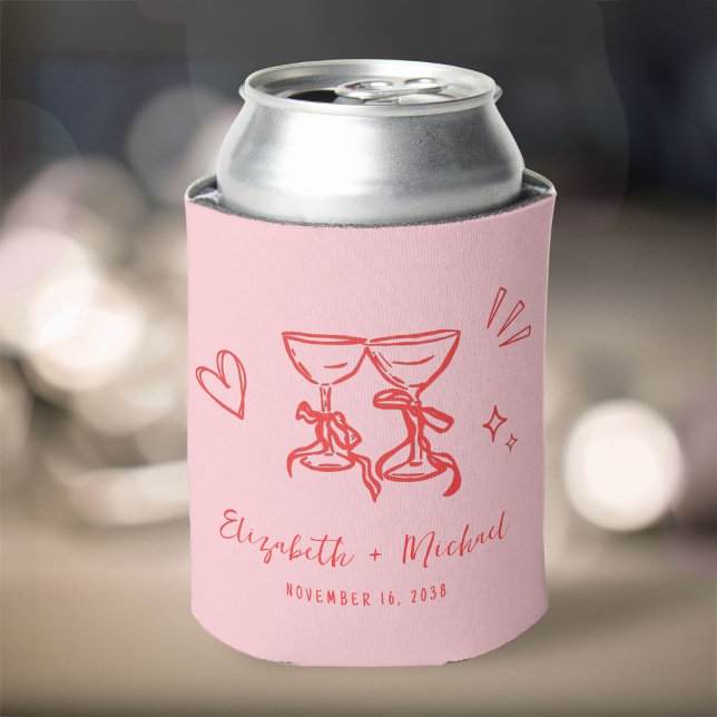 Porta-lata Casamento Cor-de-Rosa Vermelho Romântico Desenhado (Whimsical Hand Drawn Romantic Pink Red Wedding Can Cooler)