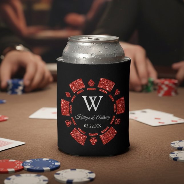 Porta-lata Casamento de Chip Casino de Poker Vermelho Glitter (Criador carregado)
