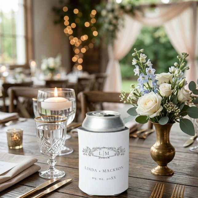 Porta-lata Casamento de monograma da crista botânica Elegante (Criador carregado)