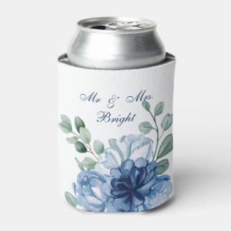 Porta-lata Casamento de Monograma Floral em Aquarela Azul Des