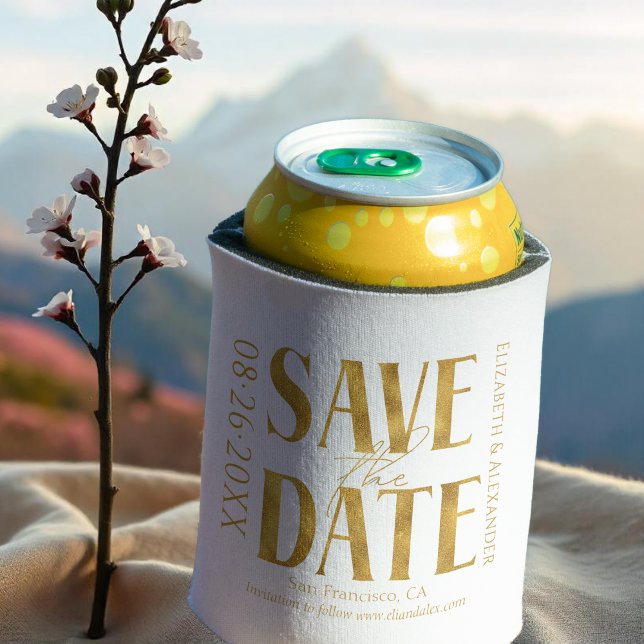 Porta-lata Casamento Dourado de Script Preto e Branco Salvar  (Criador carregado)