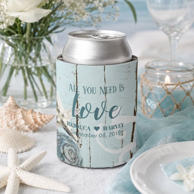 Porta-lata casamento estrela-do-mar concha azul aqua praia ná (nautical beach aqua blue seashell starfish wedding can cooler)