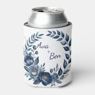 Porta-lata Casamento Flor de Peônia Azul Marinho e Dourado