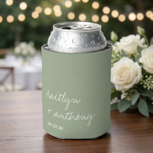 Porta-lata Casamento Minimalista Verde Sage com Letra Moderna