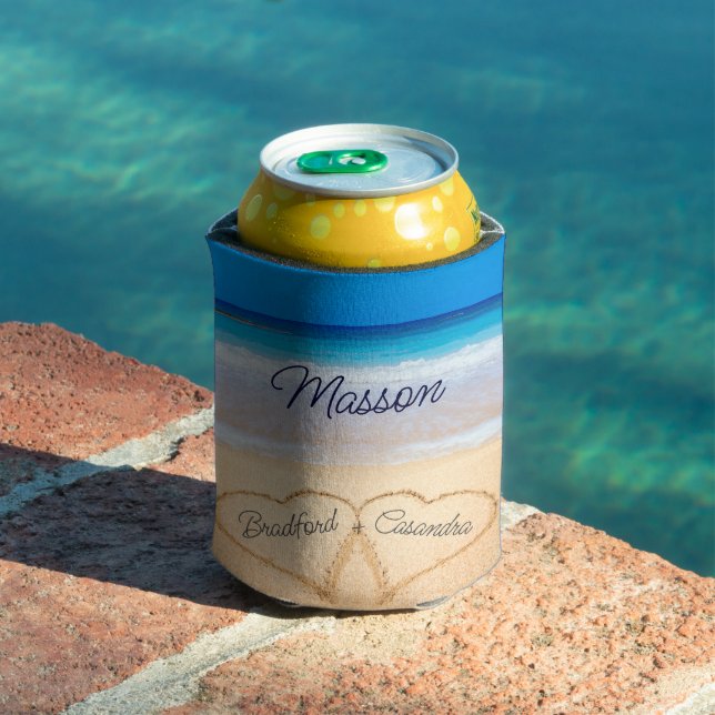 Porta-lata Casamento na Praia Costeira Corações na Areia Nome (Piscina in situ)