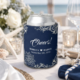 Porta-lata casamento náutico de praia com renda branca e azul