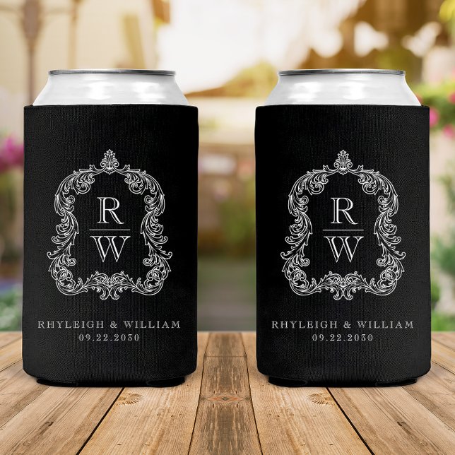 Porta-lata Casamento preto e branco do Monograma Crest (Criador carregado)