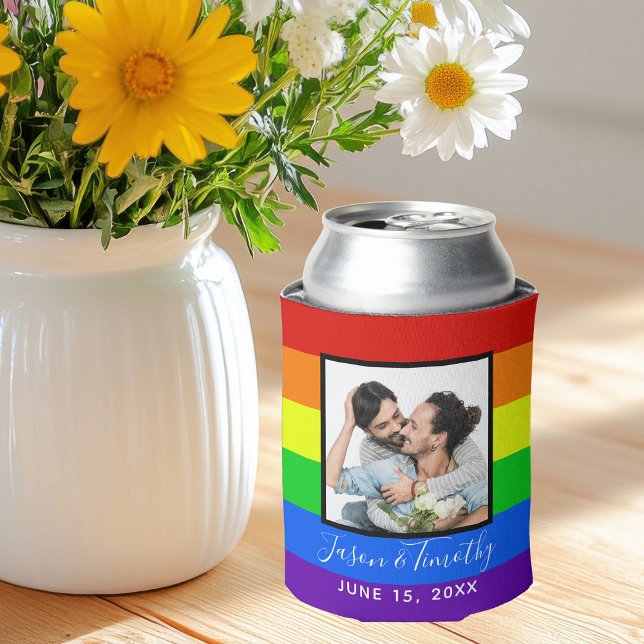Porta-lata Casamento Rainbow Striped Foto Orgulho gay LGBTQ (Criador carregado)