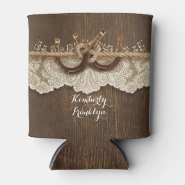 Porta-lata Casamento Rustic Country Horsferes Lace Wood Brown