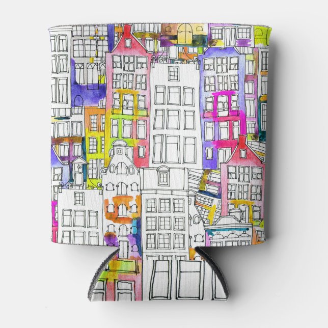 Porta-lata Casas de Amsterdã: Padrão Sem Costura De Aquarela (Frente)