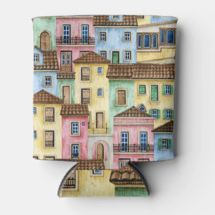Porta-lata Casas de Lisboa: Padrão Funicular de Aquarela.