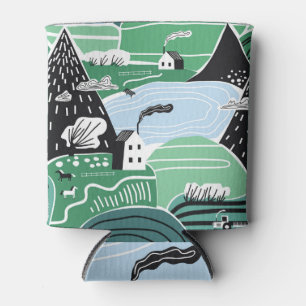 Porta-lata Casas escandinavas, árvores, ilustração das montan