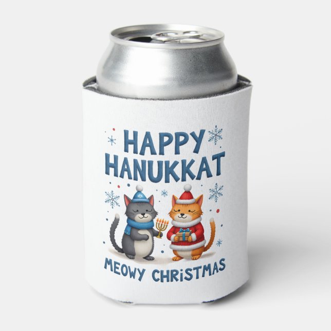 Porta-lata Cat Merry Christmas Happy Hanukkah Jewish Christia (Can Front)
