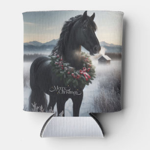 Porta-lata Cavalo negro na neve com coroa de Natal