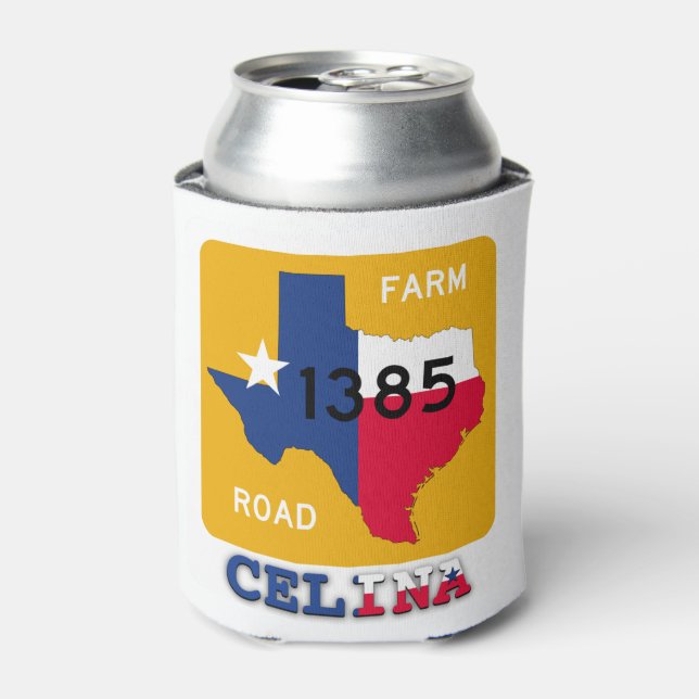 Porta-lata Celina, TX, FM1385 Rd & Texas Longhorn Can Cooler (Can Front)