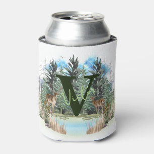 Porta-lata Cervo em Aquarela Letra Personalizada Monograma V