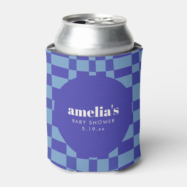 Porta-lata Chá de Bebê Azul Xadrez Abstrato Personalizado (Can Front)