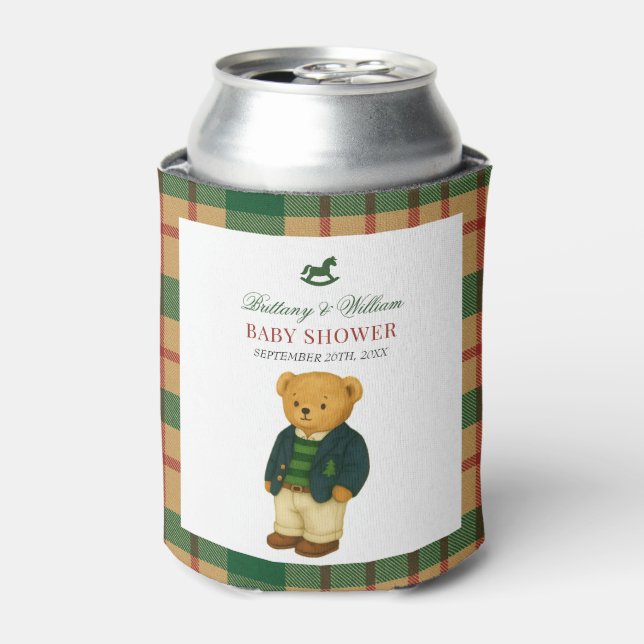 Porta-lata Chá de Bebê Urso Préppy Xadrez de Natal (Can Front)
