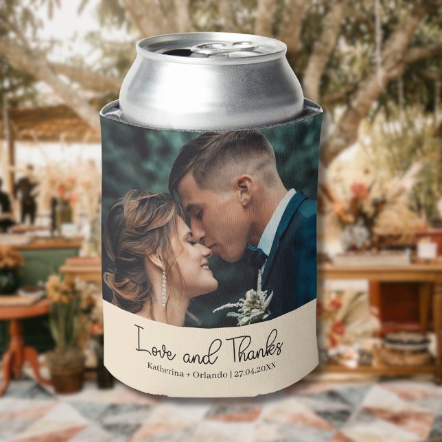 Porta-lata Champagne Elegant Wedding Love and Thanks Photo (Criador carregado)