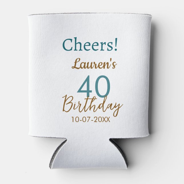 Porta-lata Cheers 40th birthday name date brown turquoise sim (Frente)