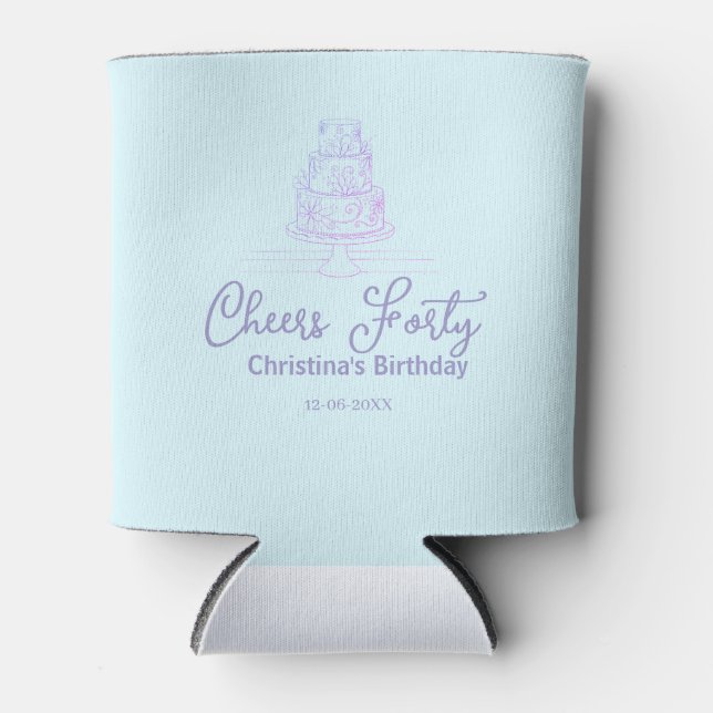 Porta-lata Cheers forty happy birthday cake blue purple name  (Frente)