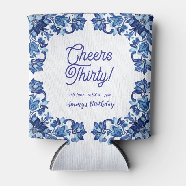 Porta-lata Cheers thirty birthday royal blue floral border na (Frente)