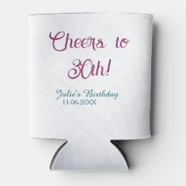 Porta-lata Cheers to 30th birthday name date mauve blue elega